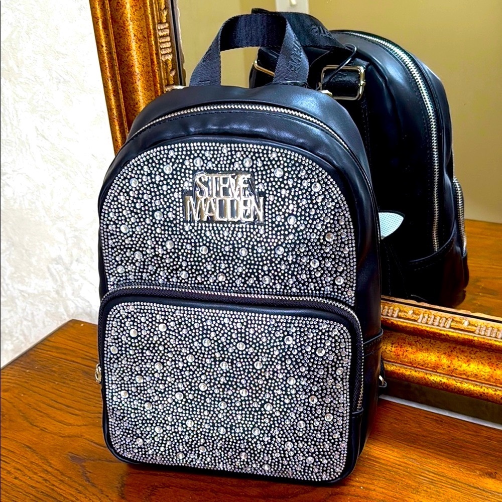Steve Madden Black and Silver sparkly rhinestone/faux leather Women’s Backpack.